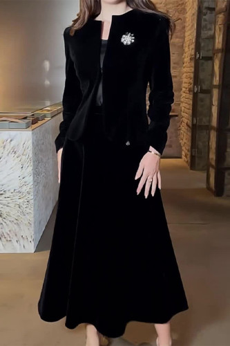 Celebrities Elegant Solid O Neck Long Sleeve Two Pieces(No Brooch)