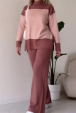 Casual Color Block Contrast O Neck Long Sleeve Two Pieces