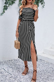 Elegant Striped Pocket Slit Off the Shoulder A Line Dresses