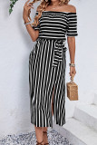 Elegant Striped Pocket Slit Off the Shoulder A Line Dresses