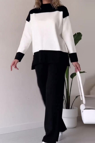 Casual Color Block Contrast O Neck Long Sleeve Two Pieces