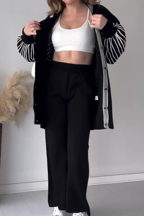 Casual Sportswear Striped Buckle V Neck Long Sleeve Two Pieces