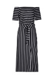 Elegant Striped Pocket Slit Off the Shoulder A Line Dresses