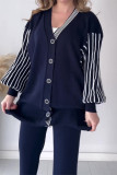 Casual Sportswear Striped Buckle V Neck Long Sleeve Two Pieces