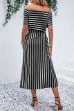 Elegant Striped Pocket Slit Off the Shoulder A Line Dresses