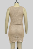 Sexy Vacation Solid Hollowed Out Buttons V Neck Sleeveless Two Pieces
