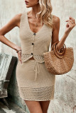 Sexy Vacation Solid Hollowed Out Buttons V Neck Sleeveless Two Pieces