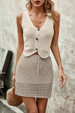 Sexy Vacation Solid Hollowed Out Buttons V Neck Sleeveless Two Pieces
