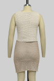 Sexy Vacation Solid Hollowed Out Buttons V Neck Sleeveless Two Pieces