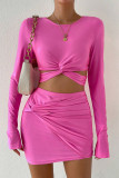 Sexy Solid Knotted O Neck Long Sleeve Two Pieces