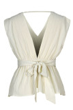 Elegant Solid Fold With Bow V Neck Tops