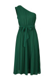 Sweet Elegant Solid Frenulum Fold Oblique Collar Pleated Dresses