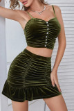 Sexy Solid Fold V Neck Sleeveless Two Pieces