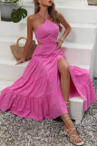 Sweet Solid Hollowed Out Backless Halter Cake Skirt Dresses