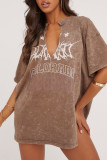 Casual Letter Print Make Old Slit V Neck T-Shirts