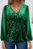 Casual Solid Sequins V Neck Tops