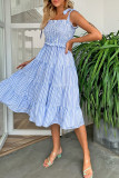 Sweet Striped Print Bandage Square Collar Short Sleeve Dress Dresses