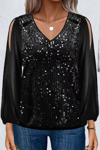 Casual Solid Sequins V Neck Tops