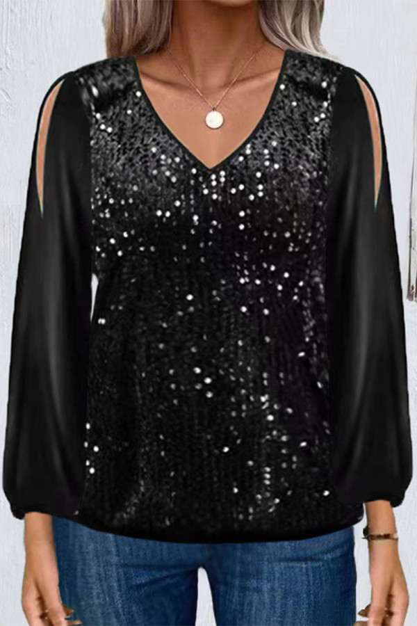 Casual Solid Sequins V Neck Tops