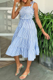 Sweet Striped Print Bandage Square Collar Short Sleeve Dress Dresses