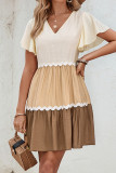 Casual Color Block Patchwork Contrast V Neck A Line Short Sleeve Dress