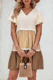 Casual Color Block Patchwork Contrast V Neck A Line Short Sleeve Dress