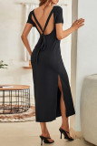 Sexy Solid Backless Slit O Neck A Line Short Sleeve Dress