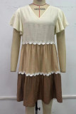Casual Color Block Patchwork Contrast V Neck A Line Short Sleeve Dress