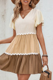Casual Color Block Patchwork Contrast V Neck A Line Short Sleeve Dress