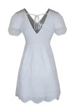 Elegant Solid Patchwork V Neck Short Sleeve Dress