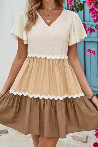 Casual Color Block Patchwork Contrast V Neck A Line Short Sleeve Dress