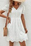 Elegant Solid Patchwork V Neck Short Sleeve Dress