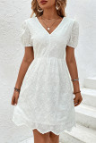 Elegant Solid Patchwork V Neck Short Sleeve Dress