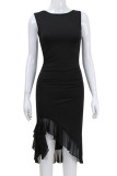 Sexy Solid Backless Flounce O Neck Irregular Dress Dresses