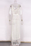 Sexy Vacation Solid Tassel Hollowed Out Slit Swimwears Cover Up