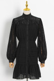 Elegant Solid Embroidered Hollowed Out Turtleneck Long Sleeve Two Pieces(Dresses suspenders)