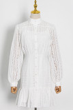 Elegant Solid Embroidered Hollowed Out Turtleneck Long Sleeve Two Pieces(Dresses suspenders)