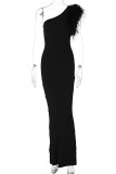 Elegant Formal Solid Feathers Oblique Collar Evening Dress Dresses