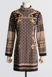 Casual Vintage Geometric Print Beading Mandarin Collar Long Sleeve Dresses