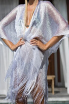 Sexy Vacation Solid Tassel Slit Sequined Swimwears Cover Up