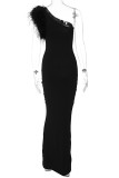 Elegant Formal Solid Feathers Oblique Collar Evening Dress Dresses