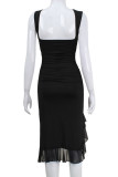 Sexy Solid Backless Flounce O Neck Irregular Dress Dresses