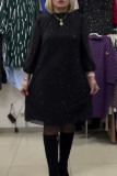 Celebrities Elegant Solid Sequined Hot Drill O Neck Long Sleeve Dresses