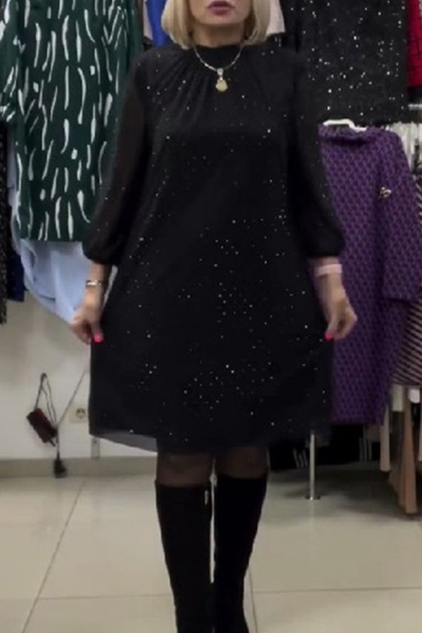 Celebrities Elegant Solid Sequined Hot Drill O Neck Long Sleeve Dresses