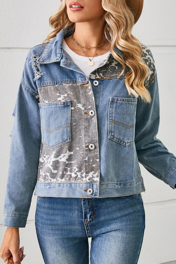 Casual Street Animal Print Print Patchwork Pocket Turndown Collar Long Sleeve Loose Denim Jacket