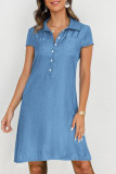 Casual Solid Pocket Buttons Slit Turndown Collar Short Sleeve Dress