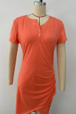 Casual Simplicity Solid Buttons Asymmetrical V Neck Short Sleeve Dress