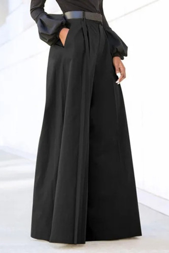 Casual Solid Pocket Fold Without Belt High Waist Wide Leg Solid Color Bottoms(No Belt)