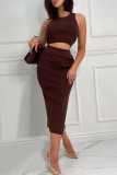 Elegant Simplicity Solid Slit O Neck Sleeveless Two Pieces