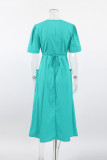 Casual Solid Draw String Pocket V Neck A Line Dresses